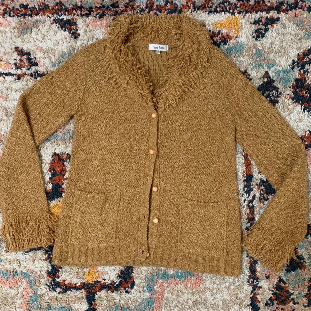 Vintage Y2K Tan Fuzzy Collar Knit Cardigan Sweater